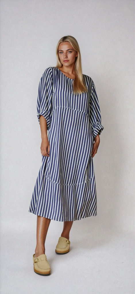 Cocoon Dress = Navy Stripe