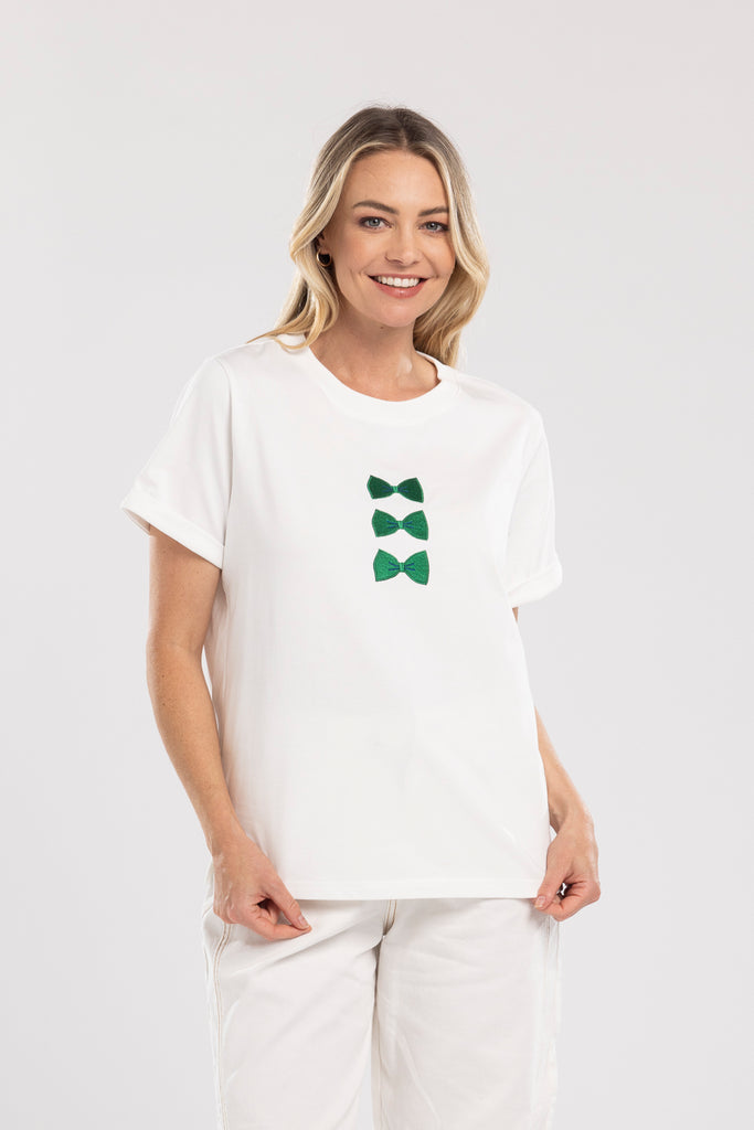 Bow Tee - white with Green bows