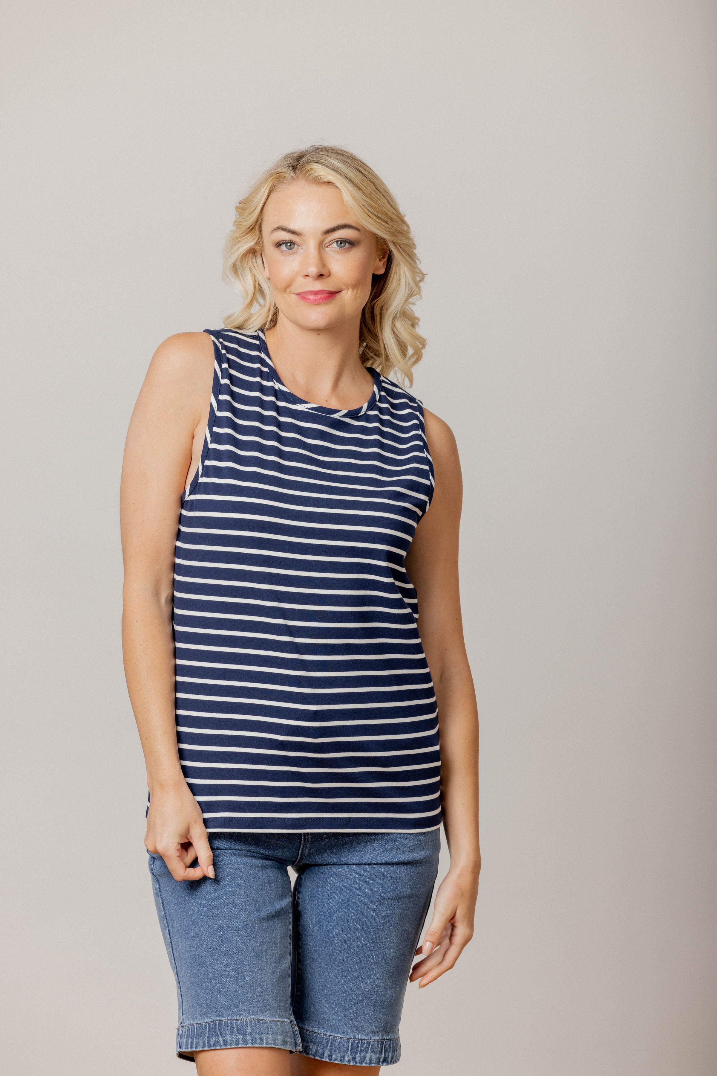 Staple tank navy white stripe RRP $48